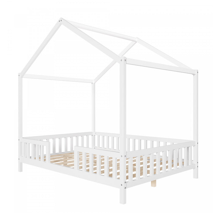 Paul Montessori Floor Bed with Canopy and High Railings,Full Size,White Full Bed
