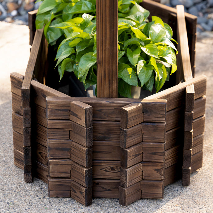 Outsunny Wooden Wishing Well Garden Bed, Rustic Outdoor Flower Planter Patio Ornamental For Plants, Herb, Vegetables, Rustic Brown