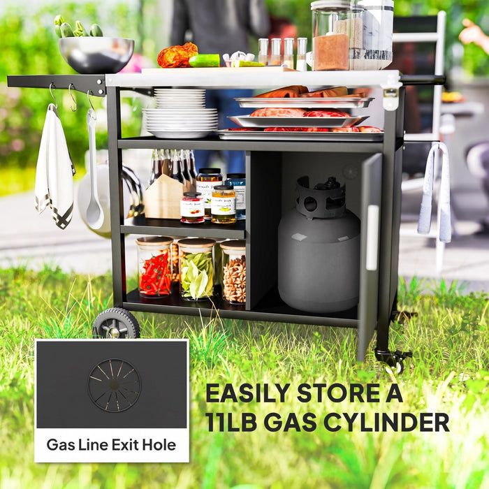 Outsunny Outdoor Grill Cart with Stainless Steel Top, Foldable Side Table, Pizza Oven Table, Wheels, Hooks, Shelves, Cabinet, Movable Barbecue Grill Dining Cart, Includes Cover, Black