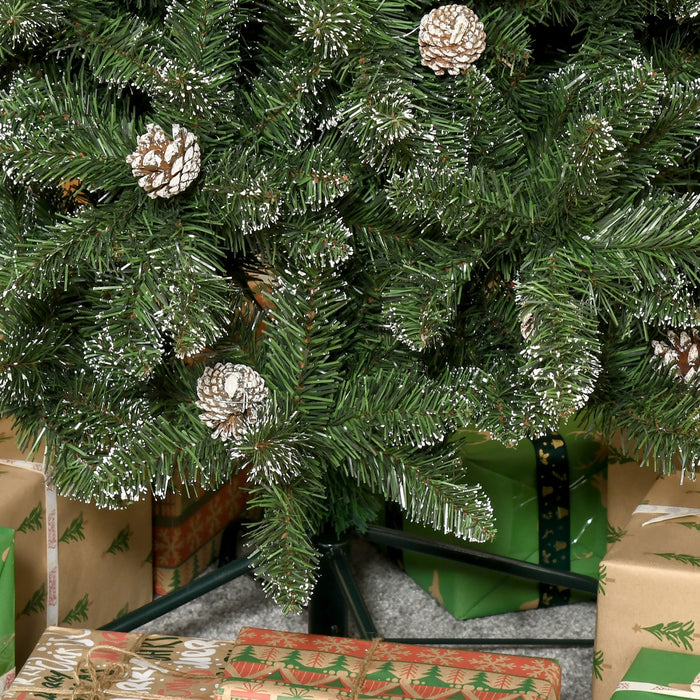 Homcom 7.5ft Flocked Christmas Tree With Pine Cones And Metal Base, Green