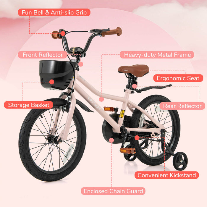 Costway 18\" Kid's Bike With Training Wheels Adjustable Handlebar & Seat Handbrake Pink