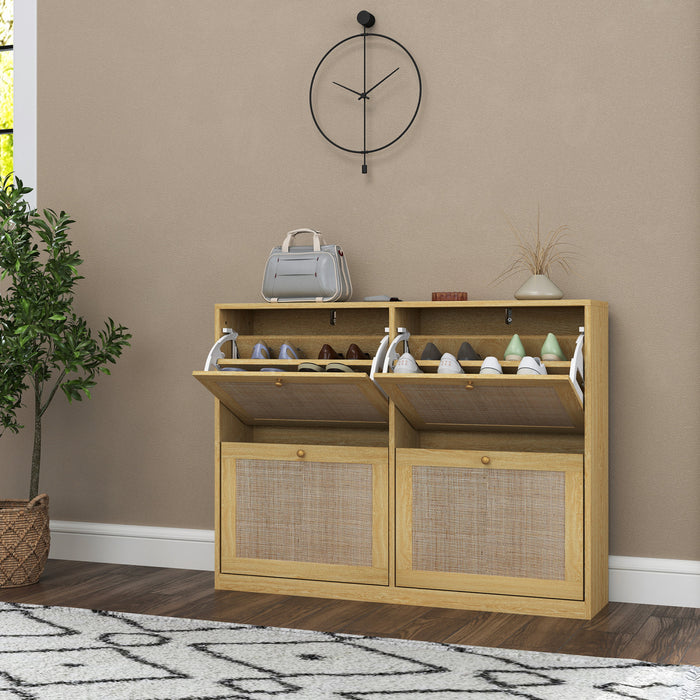 HOMCOM Narrow Shoe Cabinet with 4 Flip Drawers for Entryway Hallway Oak