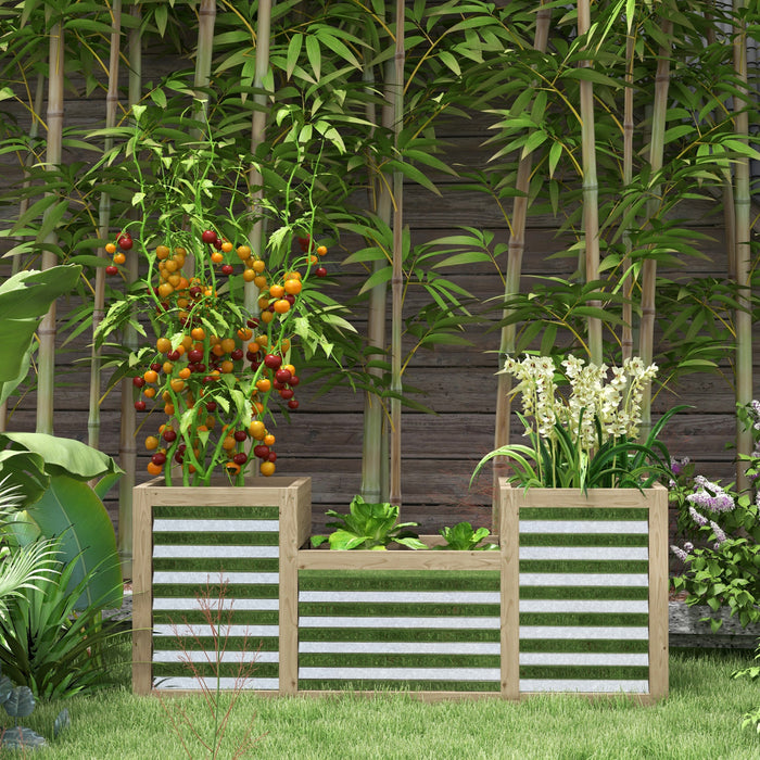 Outsunny Raised Garden Bed With 3 Planters For Outdoor Plants, Galvanized Metal Reinforced With Wood, Stock Tanks For Growing Flowers, Herbs And Vegetables