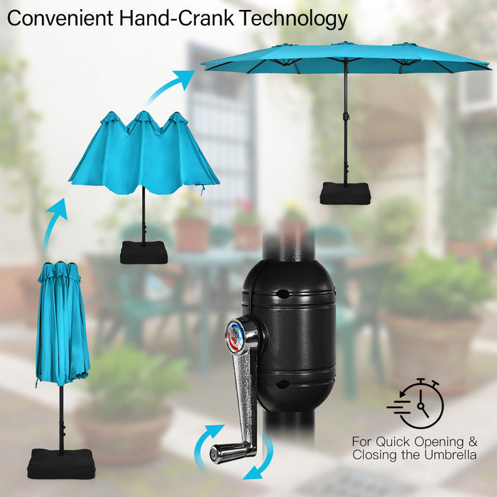 Costway 15FT Double-Sided Twin Patio Umbrella Outdoor Market W/ Crank & Base Turquoise