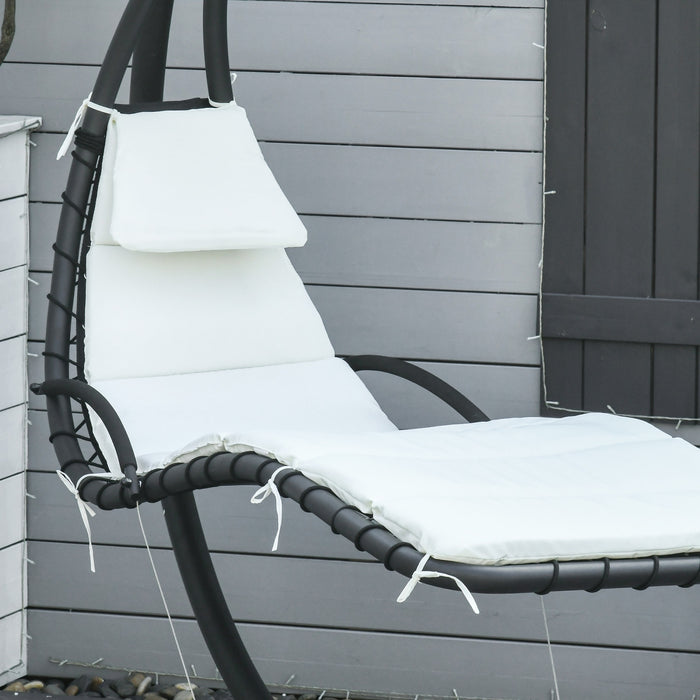 Outsunny Outdoor Hammock Chair With Stand, Floating Chaise Lounge Chair With Soft Padded Cushion, Hanging Hammock Swing Reclining Seat With Canopy Umbrella, Cream White