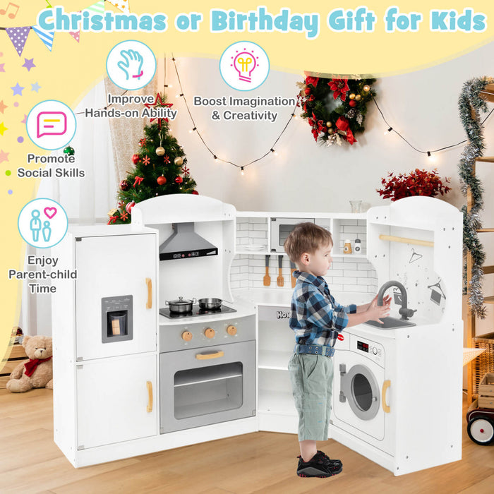 Costway Corner Play Kitchen Toddler Kitchen Playset With Range Hood, Ice Maker, Microwave