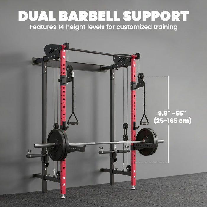 Soozier Foldable Power Cage, Space-Saving Power Rack with Pull-Up Bar, Red