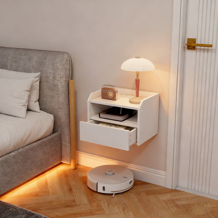 HOMCOM Set of 2 Floating Nightstand w/ Charging Station Bedside Table White