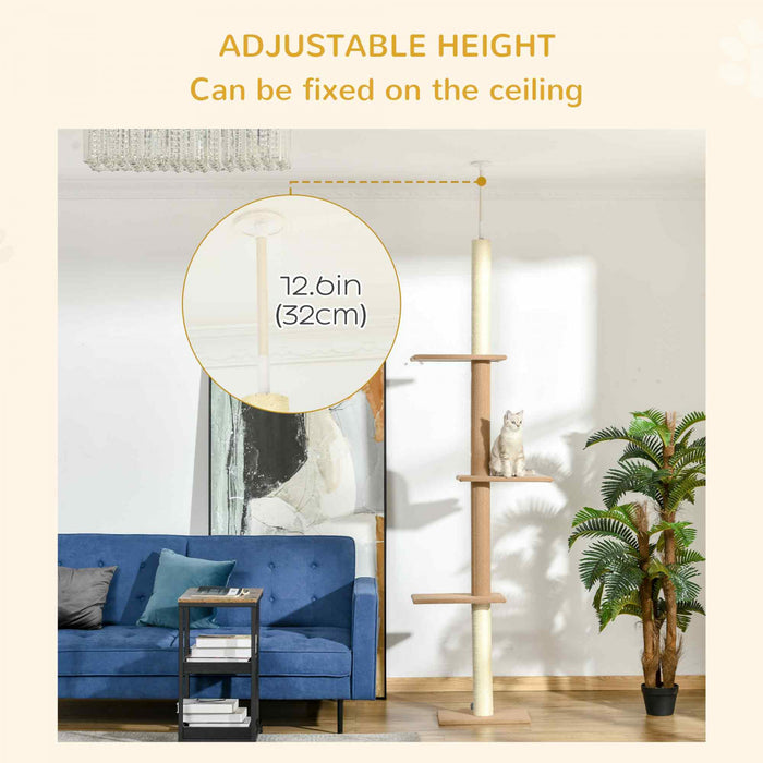 Pawhut 100\" Floor To Ceiling Cat Tree W/ 3 Perches Activity Center For Kittens Cat Tower Furniture, Brown