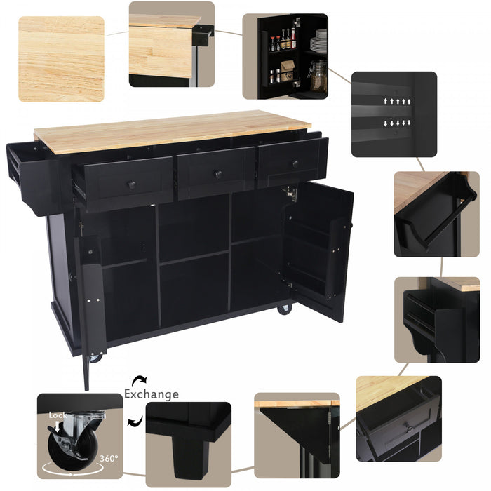 Margery Rubberwood Kitchen Cart With Drop-leaf Countertop And Storage Racks - Black