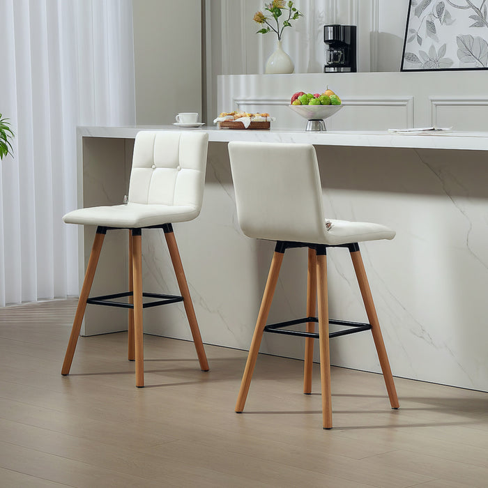 HOMCOM Bar Stool Set of 2 Upholstered Kitchen Stool w/ Wood Legs, White