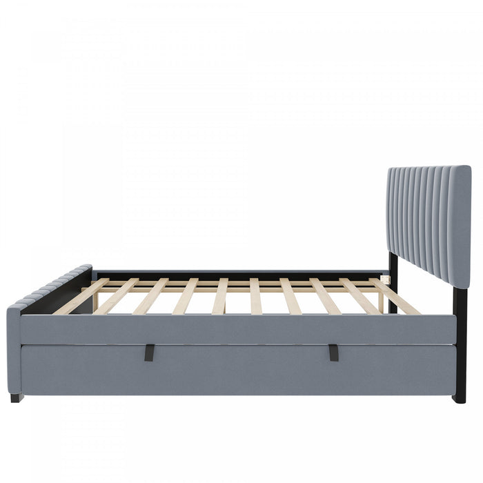 Ethan Space-Saving Velvet Upholstered Platform Bed with Trundle,Full Size,Grey Full Bed