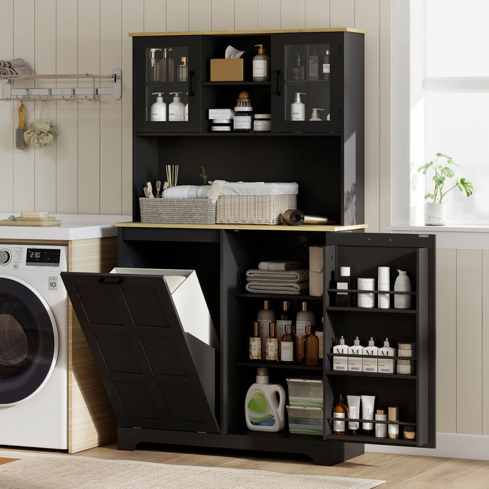 HOMCOM Kitchen Pantry Cabinet with Charging Station and Trash Can Cabinet