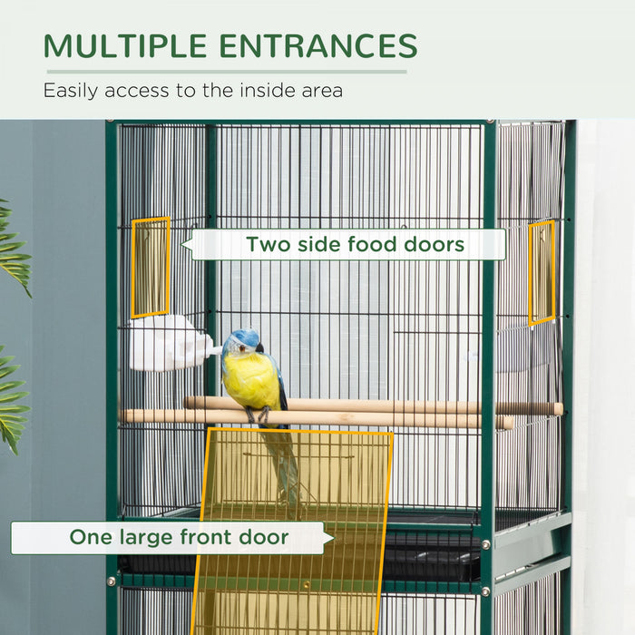 Pawhut 55.1\" 2 In 1 Bird Cage Aviary Parakeet House For Finches, Budgies With Wheels, Slide-out Trays, Wood Perch, Food Containers, Green