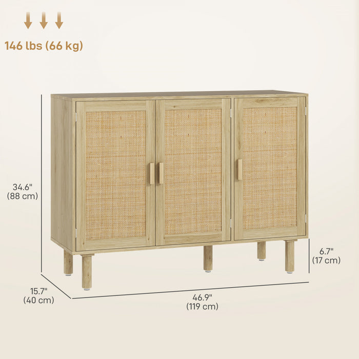 HOMCOM Bohemian Sideboard with 3 Rattan Doors and Shelves Oak