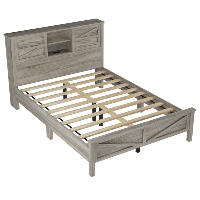 Madison Bedroom Set Farmhouse Platform Bed with Storage and Charging Station,Queen Size，Grey Queen Bed