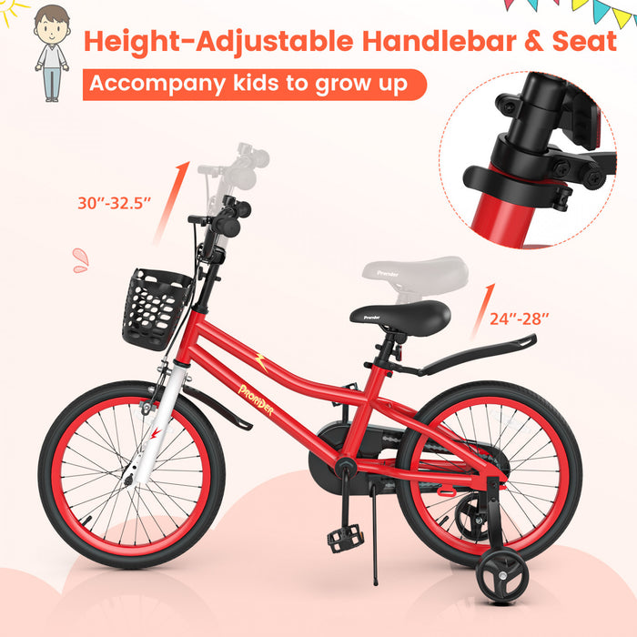 Costway 18\" Kid's Bike With Removable Training Wheels & Basket For 4-8 Years Old Red