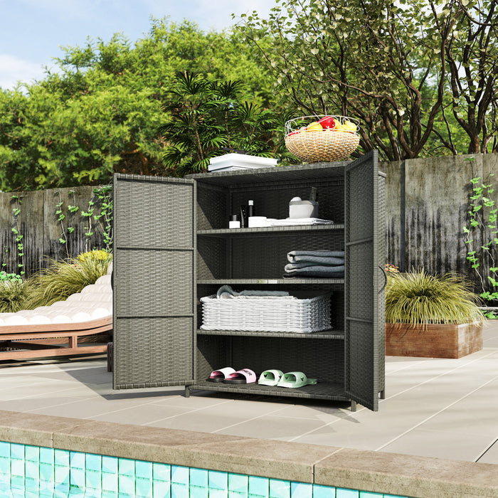 Outsunny Wicker Outdoor Storage Cabinet, 4-shelf Pool Storage, Dark Grey