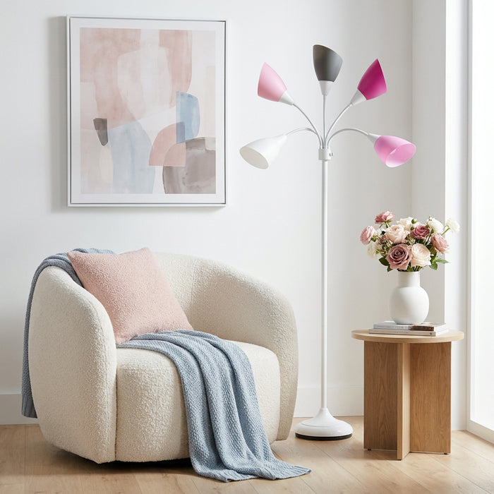 Skye 5 Light Adjustable Gooseneck Floor Lamp, White, Pink, & Smokey Gray, 67\"H