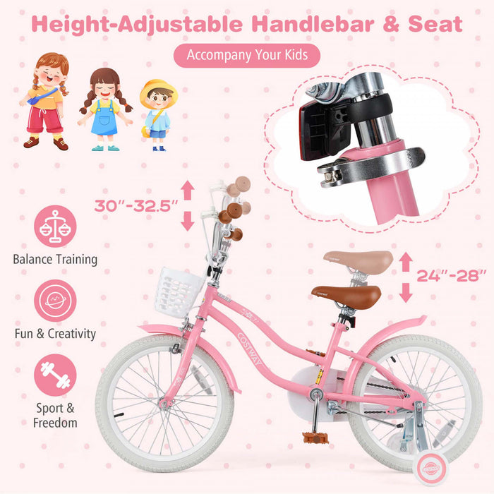 Costway 18\" Kids Bike Toddler Bicycle Withtraining Wheel Kickstand For 4-8 Years Old Girl Red