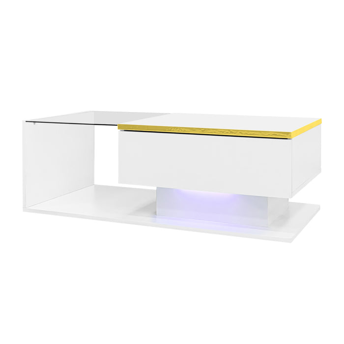 Maxwell High-Gloss 39.4\" Long Coffee Table with Glass and LED Effect,White