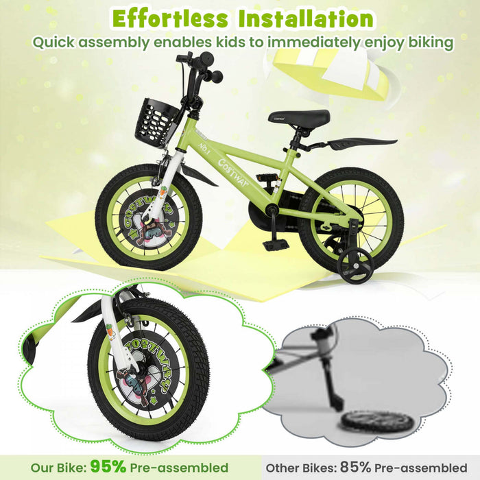 Costway 14\" Kid's Bike For 3-5 With Height-adjustable Handlebar & Saddle Handbrake Green