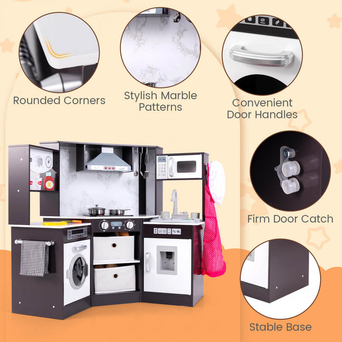 Costway Wooden Kids Play Corner Kitchen With Realistic Lights & Sounds Lighted Range Hood Brown