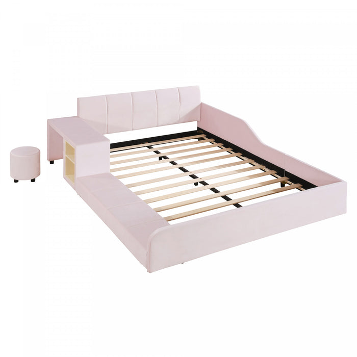 Lily Velvet Upholstered Grounded Bed with Desk and Stool,Queen Size,Pink Queen Bed