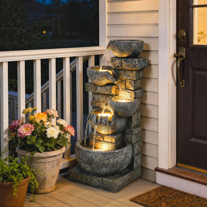 Outsunny 5 Tiers Outdoor Water Fountain with LED Lights for Garden, Grey