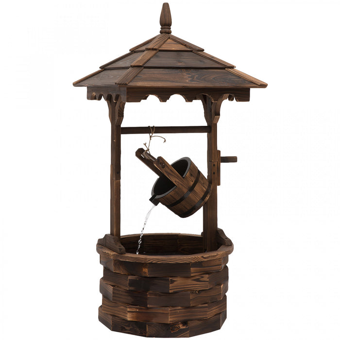 Outdoor Wooden Wishing Well Fountain With Hanging Barrel, 47.25\" Tall Rustic Waterfall Fountain With Electric Pump, Stained Wood
