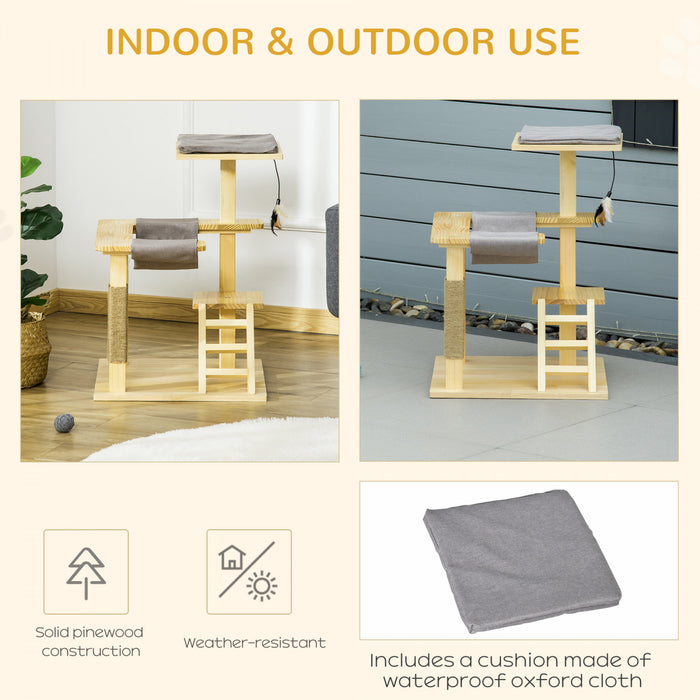 Pawhut 25.5\" Cat Tree Kitty Tower Activity Center Pinewood Cat Climbing Toy Indoor Outdoor Pet Furniture With Jute Scratching Post Bed Perch Hanging Toy Ladder Cushion Natural
