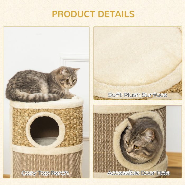Pawhut Cat Condo 3 Story Three Holes With Sisal Seaweed Scratching Cover Surface, Cat Tower For Indoor Cats, 15\" X 28\", Khaki And Brown