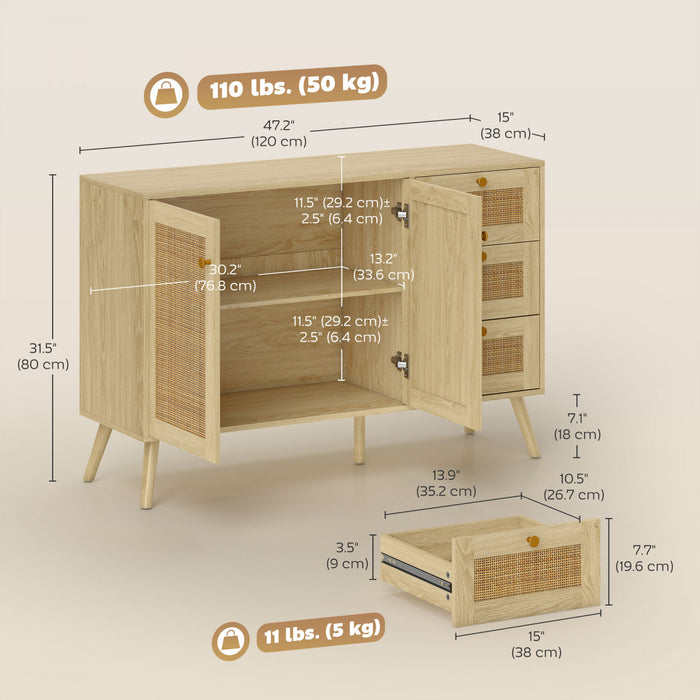 HOMCOM 47\" Rattan Sideboard Buffet Cabinet with Soft-Close Doors, Natural