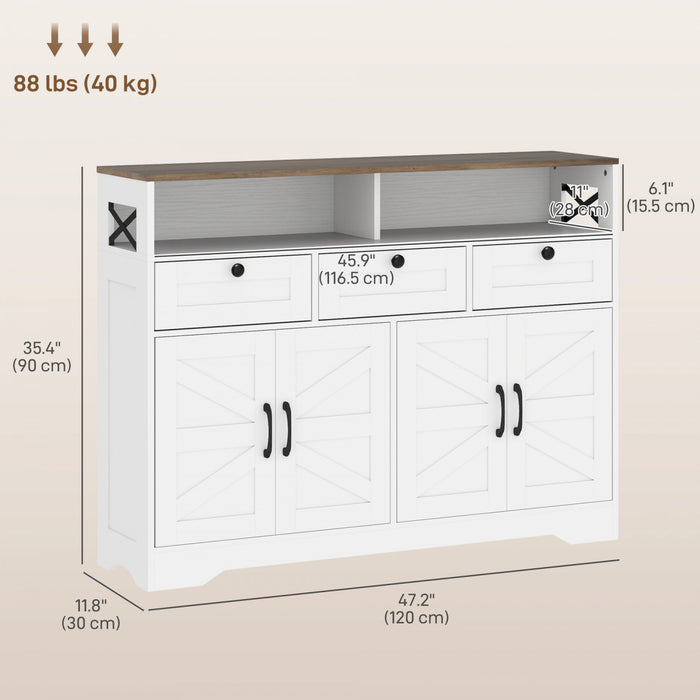 HOMCOM Sideboard, Buffet Cabinet with 4 Barn Doors and 3 Drawers White