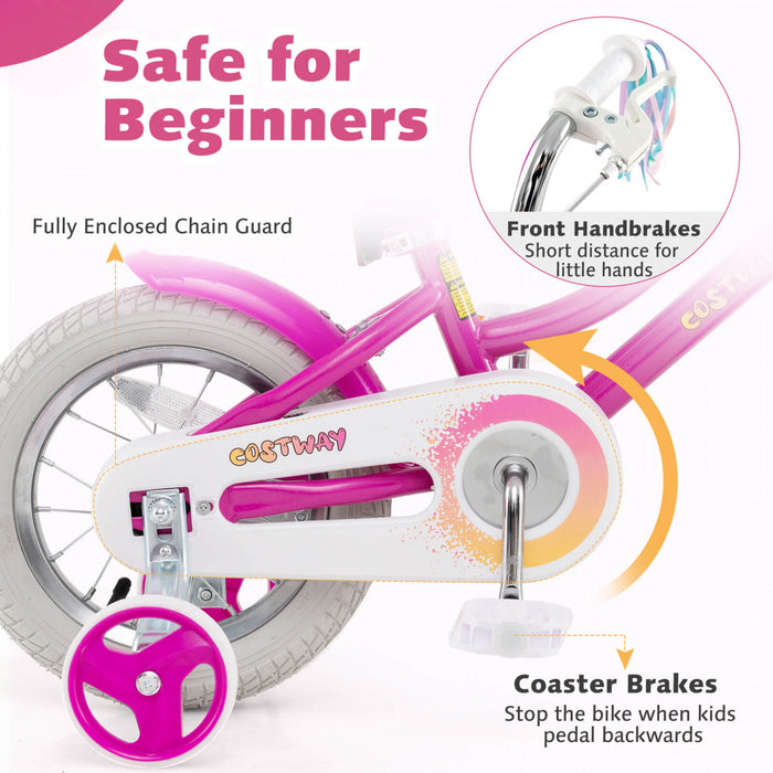 Costway 12 Inch Kids Bike With Training Wheels Doll Seat Basket Streamers Hand Brake Pink