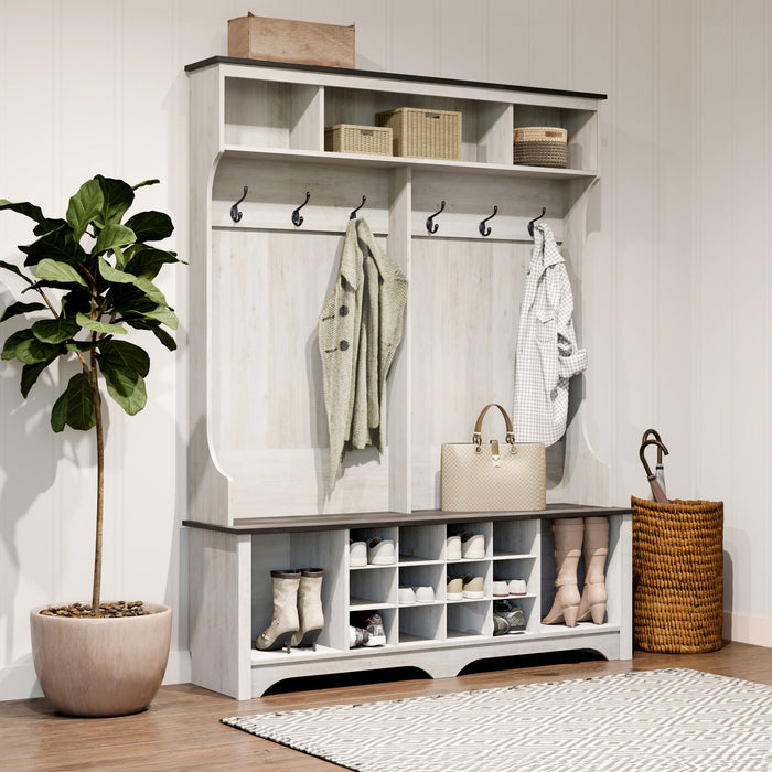 Rustic Ridge Farmhouse Entryway Storage Cabinet with Shoe Cubbies & Coat Hooks - Washed White