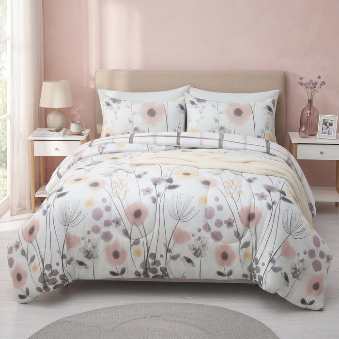 Mirabelle Twin Comforter Set - Reversible Pink & Grey Watercolor Floral Bedding 