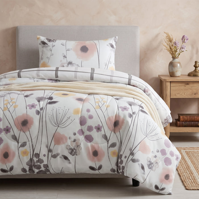 Mirabelle Twin Comforter Set - Reversible Pink & Grey Watercolor Floral Bedding 