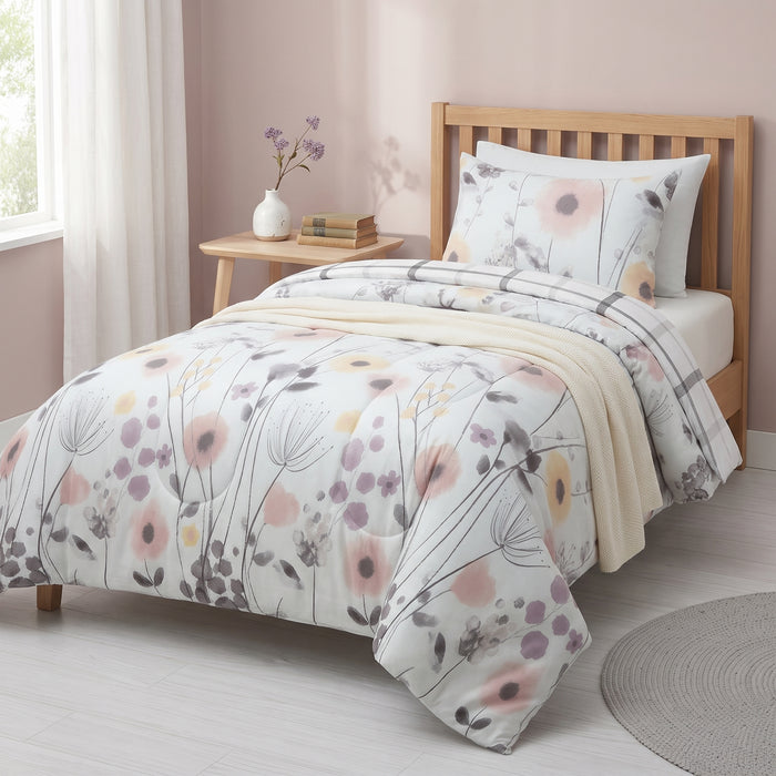 Mirabelle Twin Comforter Set - Reversible Pink & Grey Watercolor Floral Bedding 