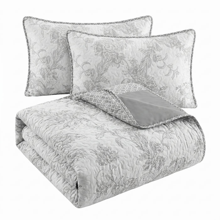 King Size 3-Piece Reversible Quilt Set - Grey and White Floral Botanical Print 