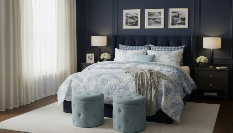 Reversible 3-Piece King Quilt Set, Blue & White Floral Microfiber Bedding