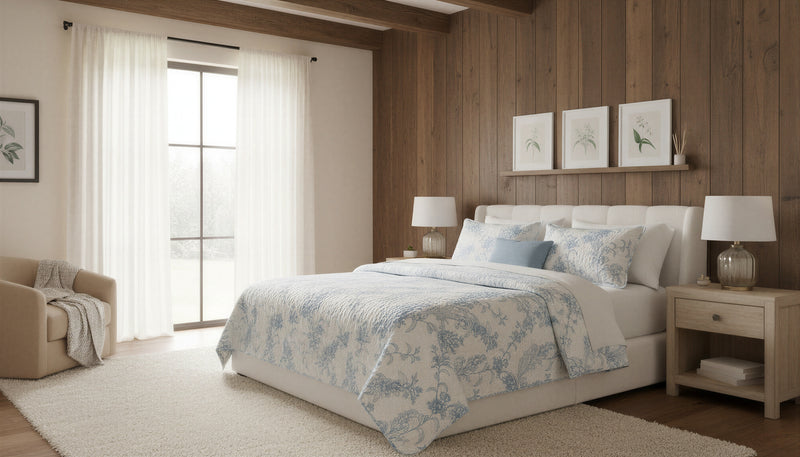 Reversible 3-Piece King Quilt Set, Blue & White Floral Microfiber Bedding