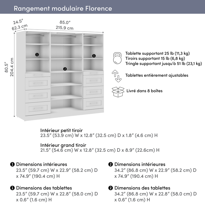Bestar Florence 85\" Modular Reach-In/Walk-In Closet System with LED Lights, Shelves and Drawers Shaker Style - White