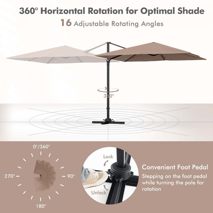 Costway Patio 9.5FT Square Cantilever Offset Hanging Umbrella 2-Tier 360° Outdoor Coffee