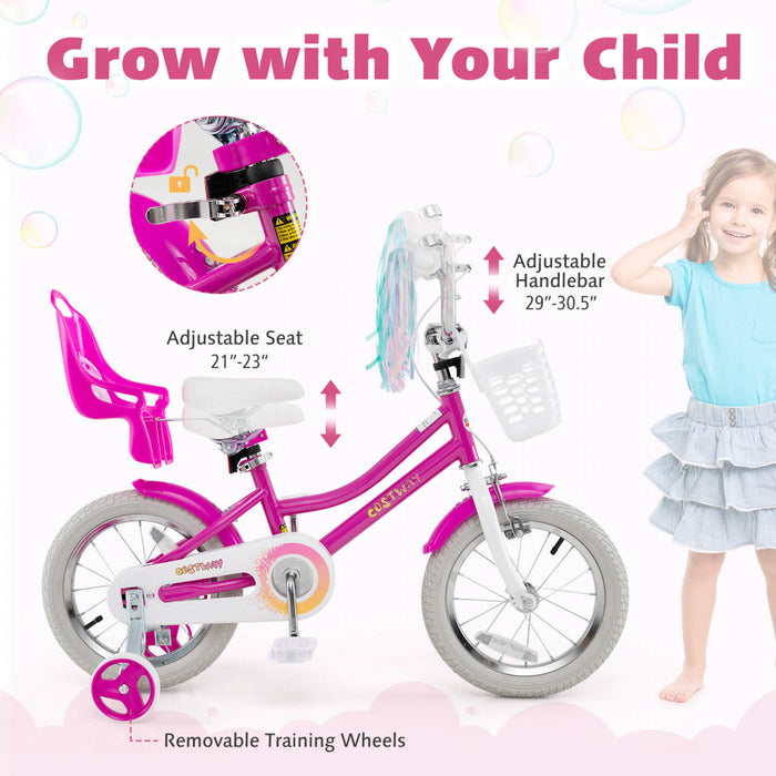 Costway 14\" Kids Bike With Training Wheels Doll Seat Basket Streamers Hand Brake Pink
