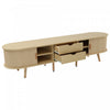 Ethan Oval TV Stand Media Console with Sliding Doors and Drawers,Natural | Ethan meuble TV ovale – meuble multimedia avec portes coulissantes et tiroirs, finition naturelle