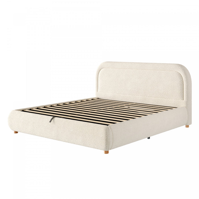 Sophia Space-Saving Hydraulic Lift Storage Platform Bed with Boucle Upholstery,King Size,Beige King Bed