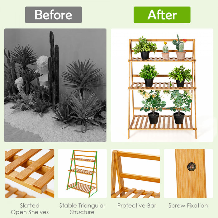 Costway Bamboo Ladder Plant Stand 3-tier Foldable Flower Pot Display Shelf Rack Natural