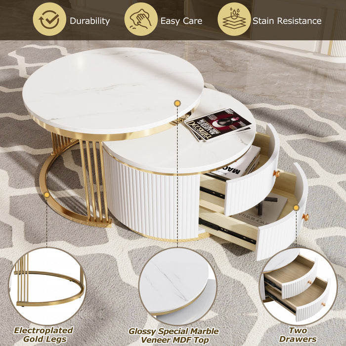 Thomas 27.6\" Modern Round Coffee Table With 2 Storage Drawers, White