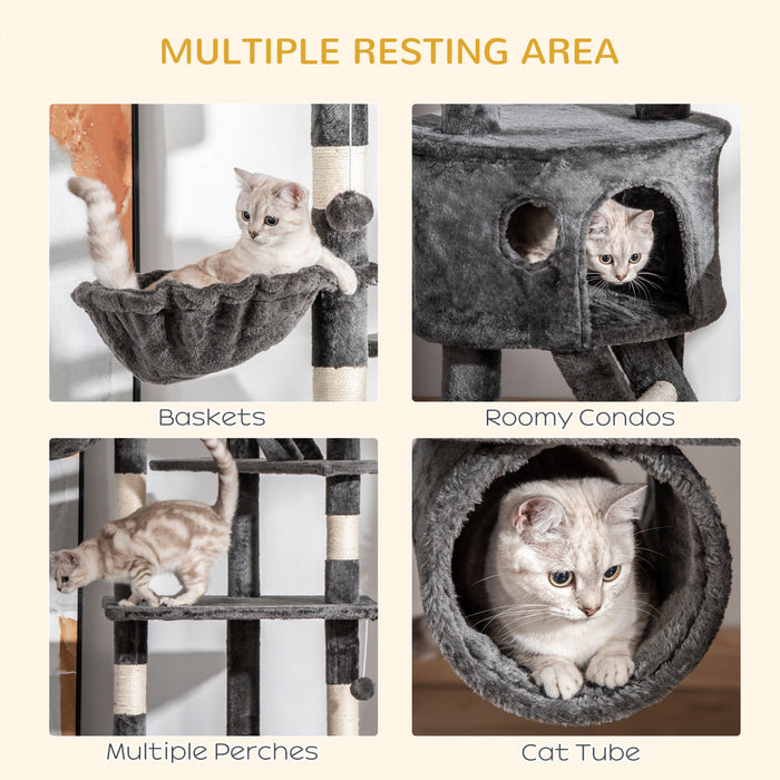 Pawhut 94\"-102\" Huge Cat Tree Ceiling High Cat Condo Scratching Post Activity Center Multi-level Play House Dark Grey